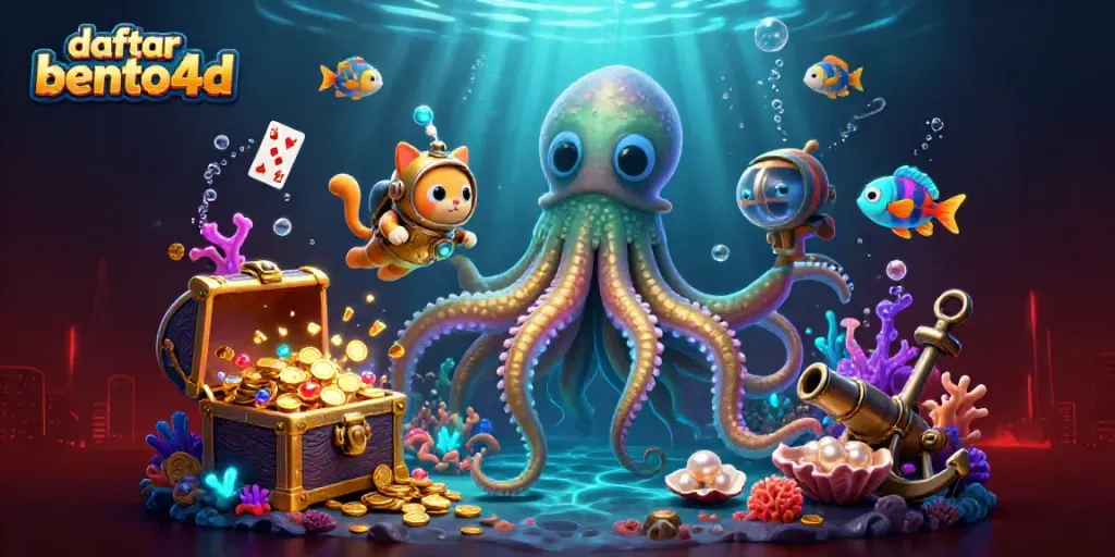 Engage with daftar bento4d in an exciting underwater casino adventure featuring a kraken and treasures.