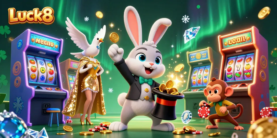 Luck8's dynamic casino illustration features a magician rabbit alongside a glamorous dove and a pickpocket monkey amidst vibrant slot game elements.