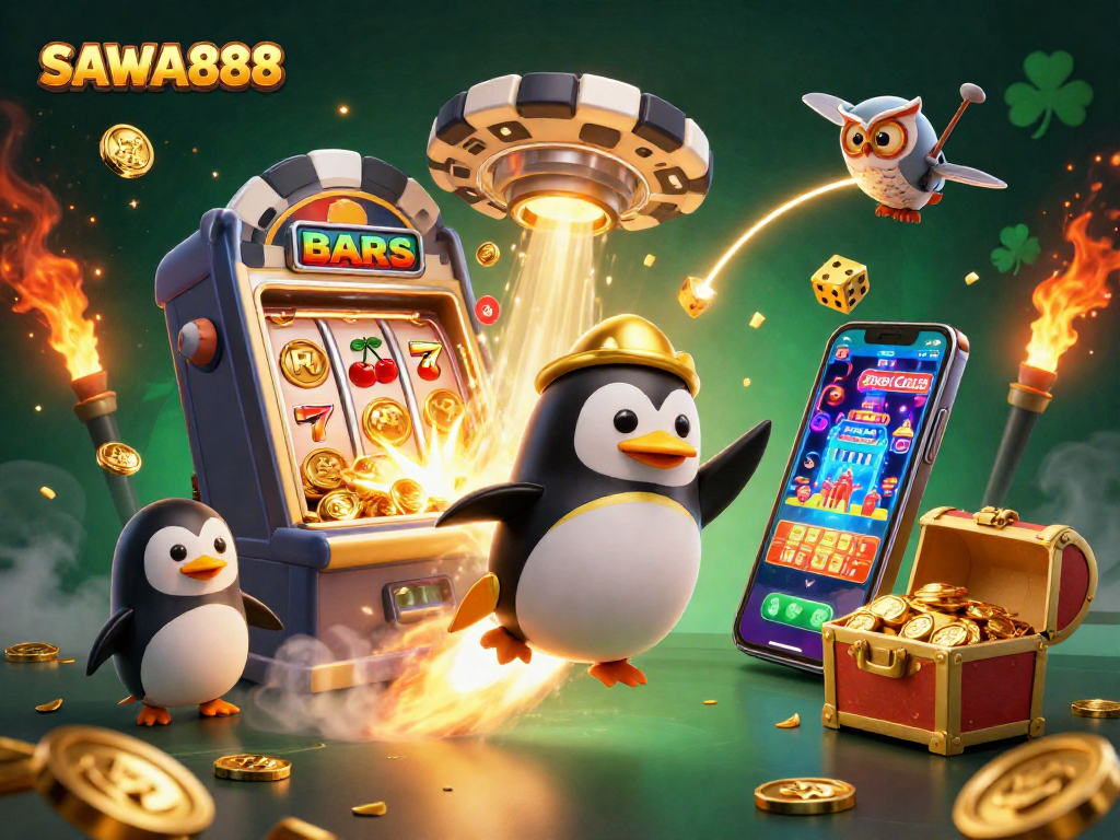 Experience thrilling gameplay with SAWA888 as the golden penguin navigates a vibrant casino universe.