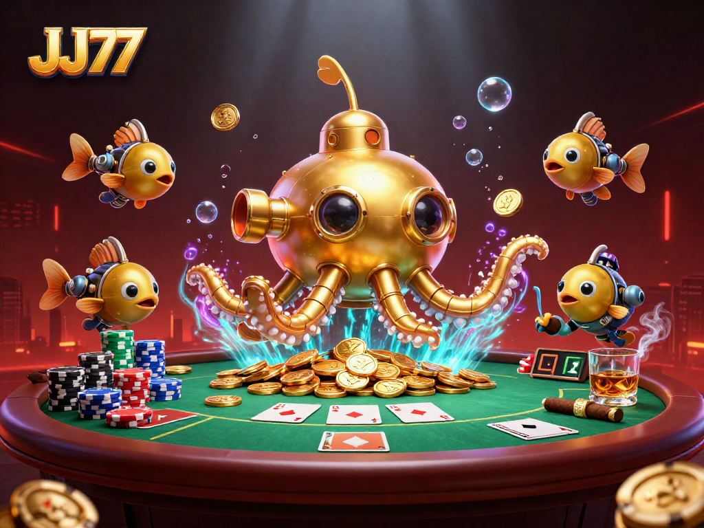 Experience thrilling poker action at JJ77 with a golden kraken submarine amidst vibrant casino elements.