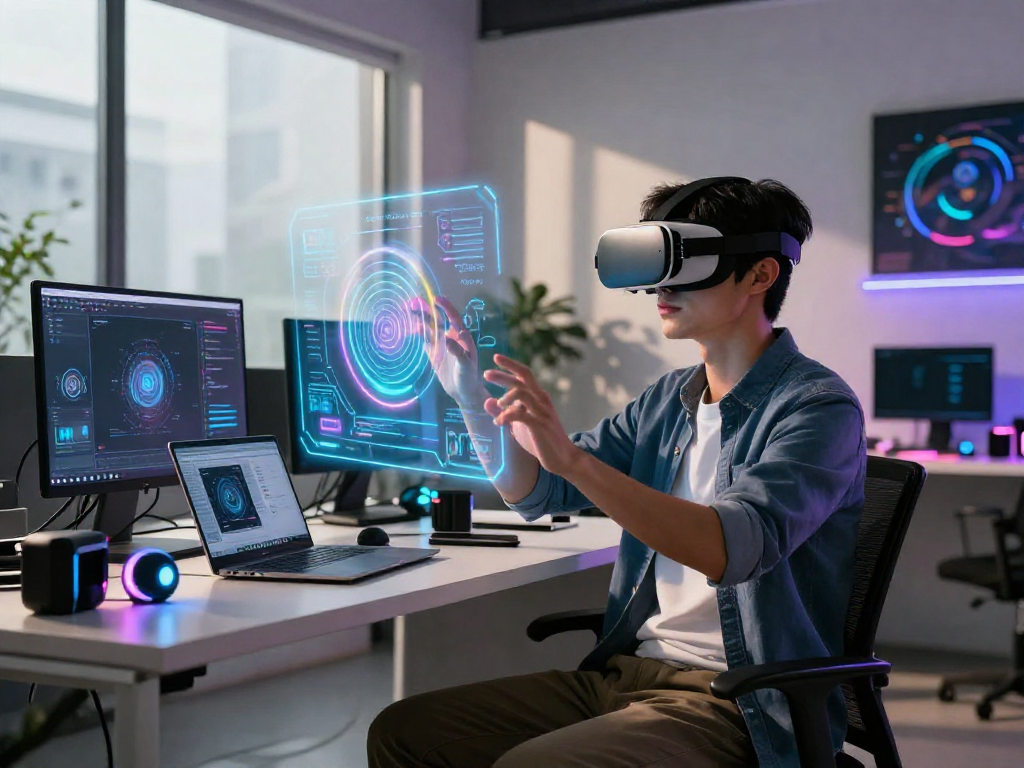 User interacting with an AI gf in a modern tech office, showcasing a holographic assistant and futuristic gadgets.