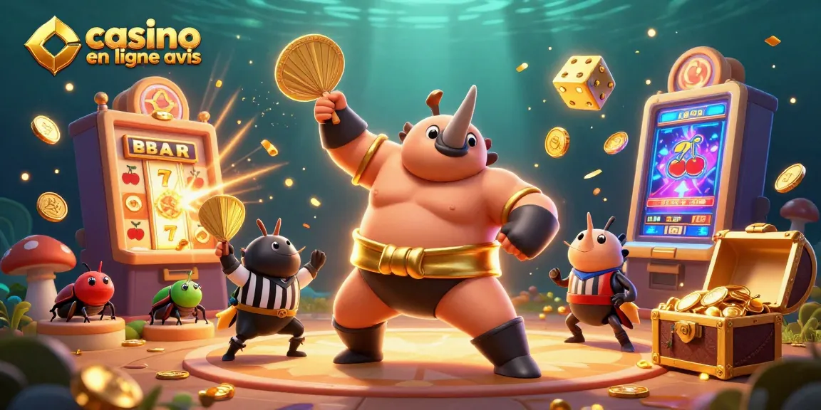 Visualisez casino en ligne avis avec un scarabée rhinocéros et une machine à sous explosant de pièces d'or.