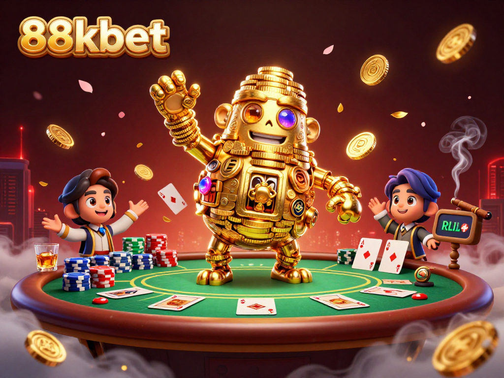 Engage with the 88kbet golem, marveling at slot machine symbols and poker chips in a dynamic casino scene.