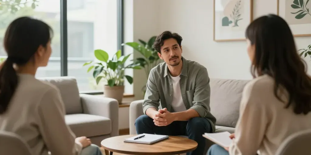 Anxiety and depression therapist Murfreesboro TN engaging thoughtfully with a client in a cozy, calming therapy office.