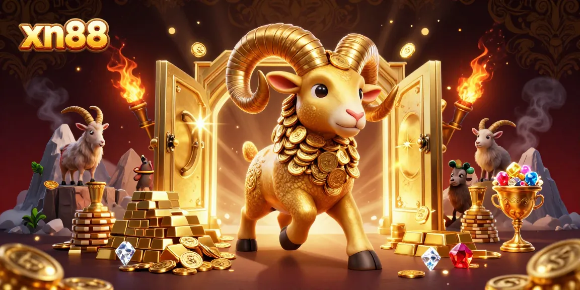 Xn88 casino game features a massive golden ram and treasures in a vibrant 3D illustration.
