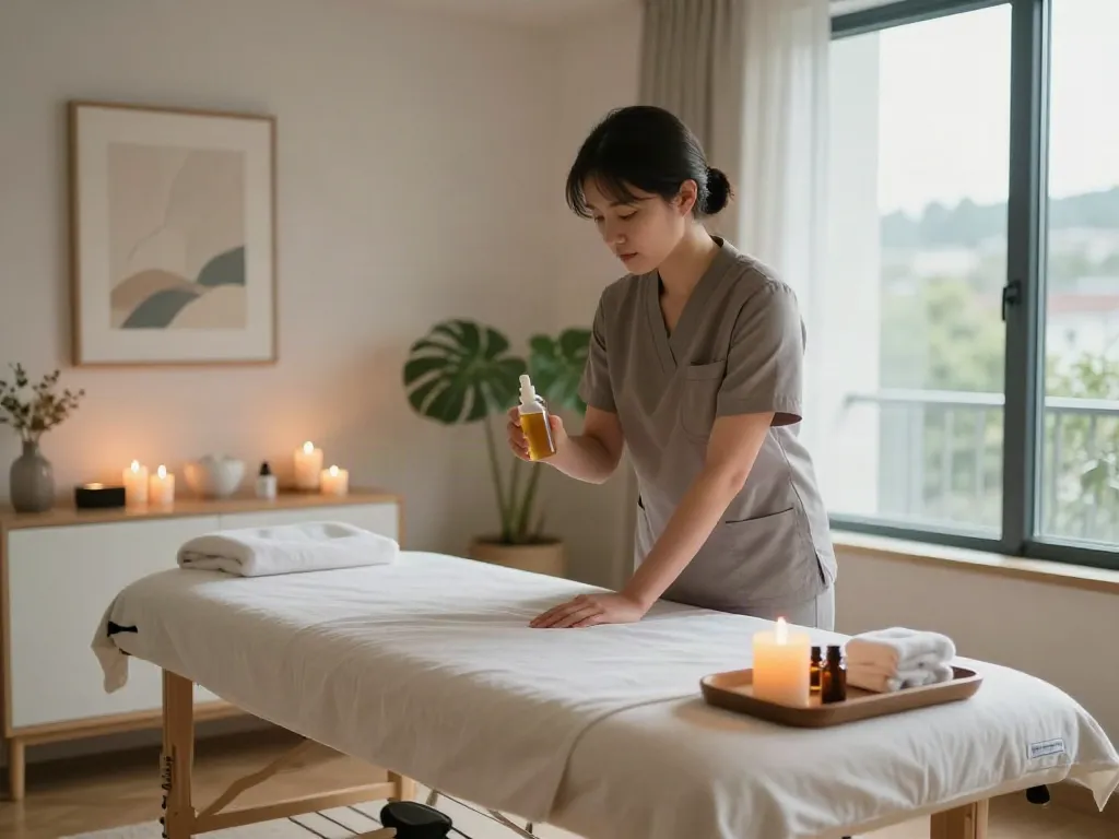 Providing a soothing 안양출장마사지 with a professional therapist in a calming, well-lit environment featuring massage oils and soft linens.