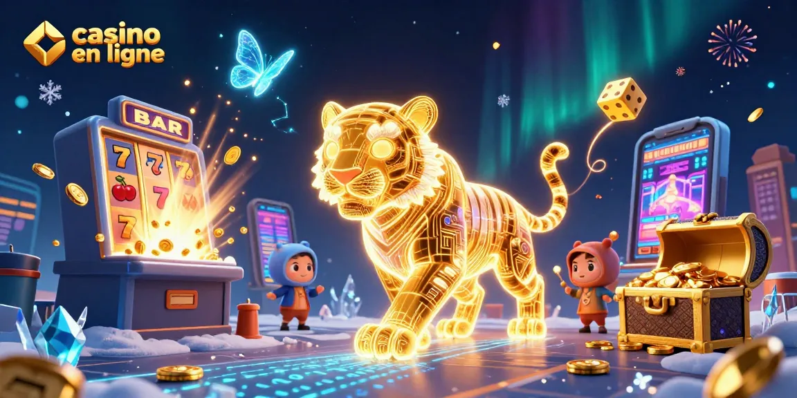 Casino en ligne avec un tigre doré 3D et une machine à sous explosant de pièces d'or.