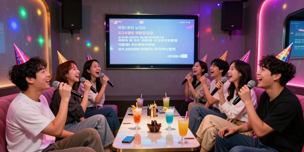 Karaoke fun at a 강남노래방 with friends singing and enjoying drinks in a vibrant setting