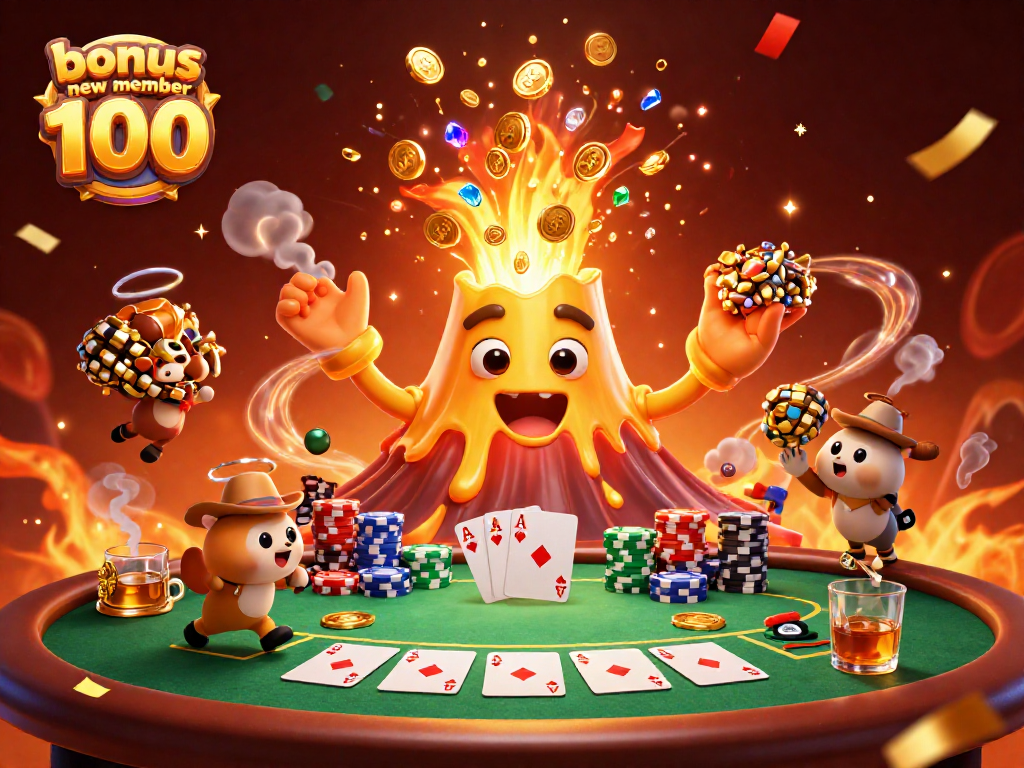 Experience exciting wins with bonus new member 100 at SLOT 88 featuring animated treasure volcano and poker table.