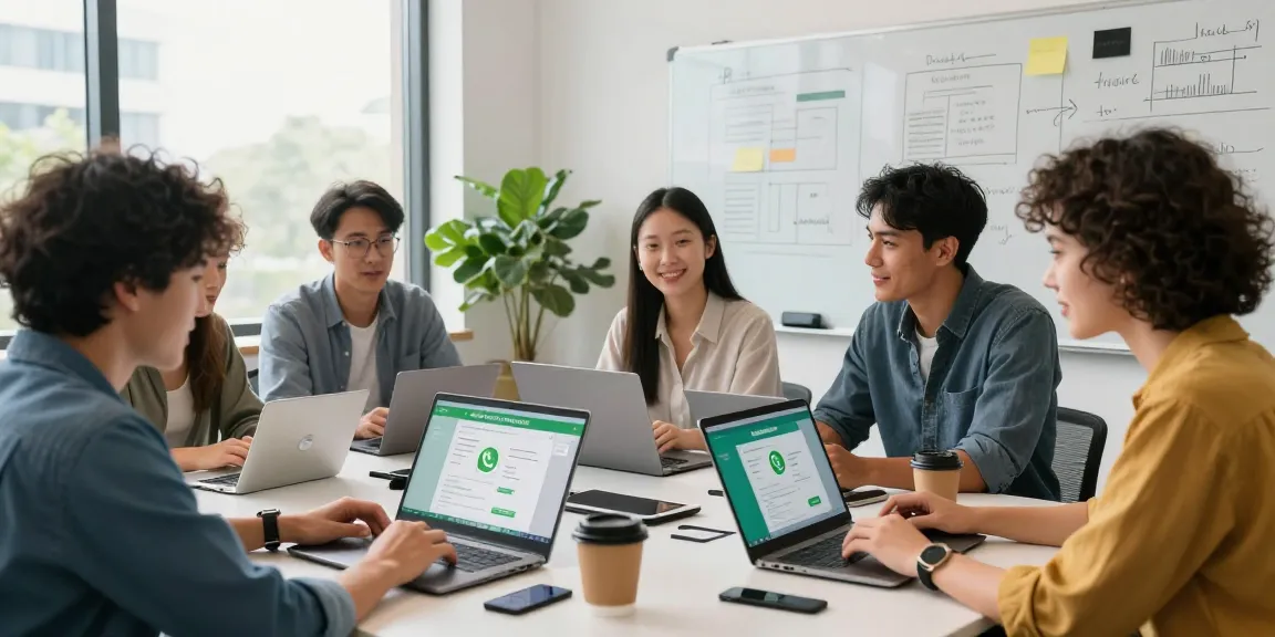 Collaborative workspace discussing WhatsApp網頁版 for business efficiency with laptops and brainstorming notes.