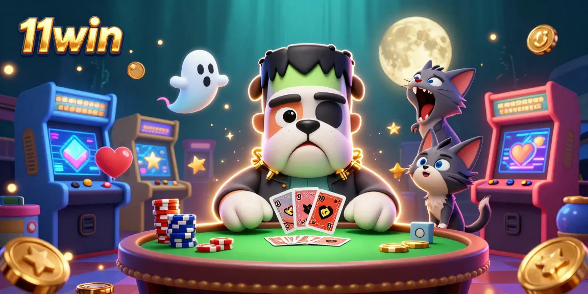 Join the fun with 11win as the Frankenstein bulldog deals cards in a lively casino scene.