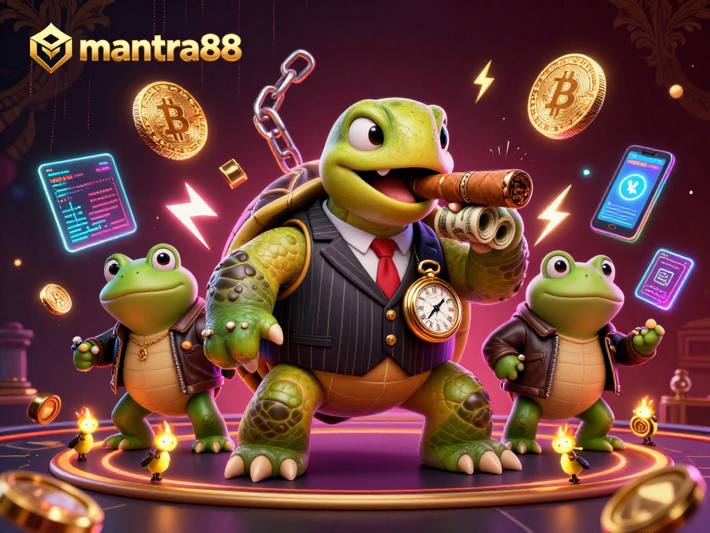 Engage in thrilling bets at mantra88 with a vibrant casino scene featuring turtles and frogs.