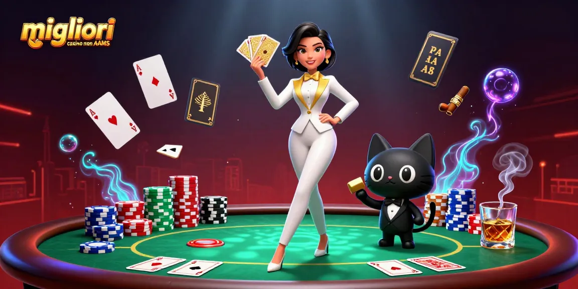 Migliori casino non AAMS con un dealer glamour e un gatto dei cartoni animati in mezzo a un'azione vibrante di poker.