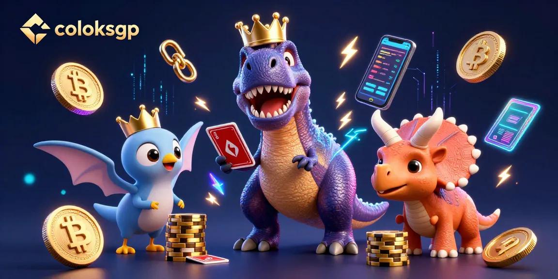Engage in coloksgp with a cartoon T-Rex and friends in a thrilling casino scene filled with crypto elements.