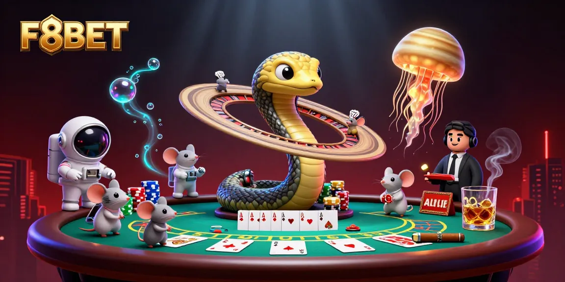 Engage at F8BET with a vibrant scene of cartoon characters at a cosmic gambling experience.