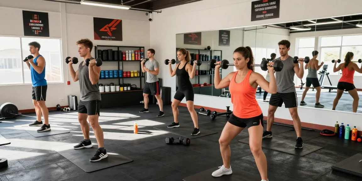 Group exercising in gym with Astera Steroids Shop products visible, showcasing fitness dedication.
