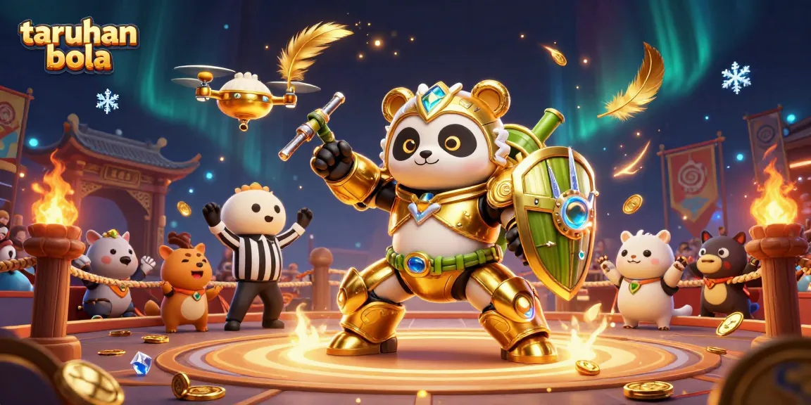 Engage in taruhan bola action with a colorful 3D scene of a panda battling in a sports arena.