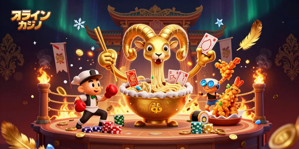 オンラインカジノで黄金のラーメンボウルがカジノゲームを盛り上げるシーン