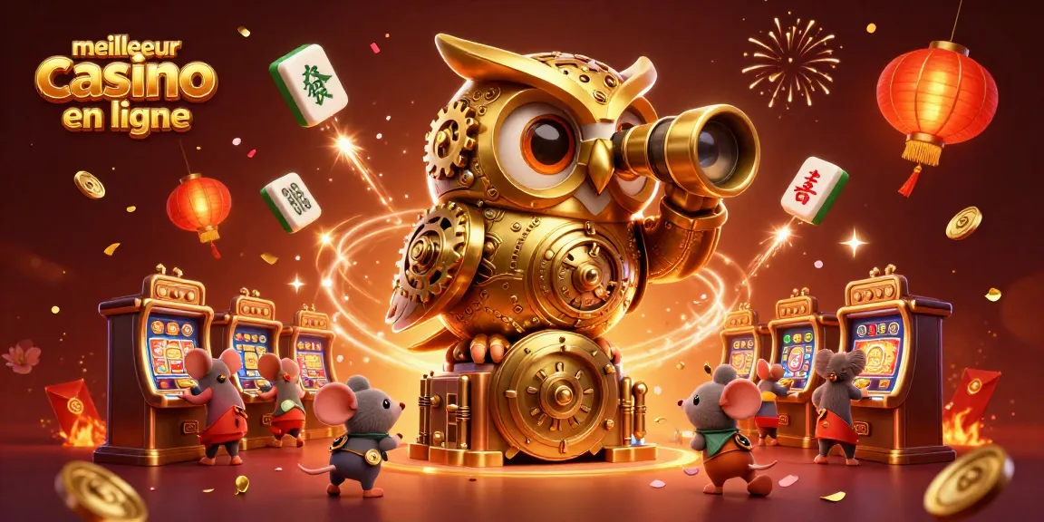 Jouez au meilleur casino en ligne avec cette illustration captivante d'un hibou mécanique et des éléments de jeu dynamiques.