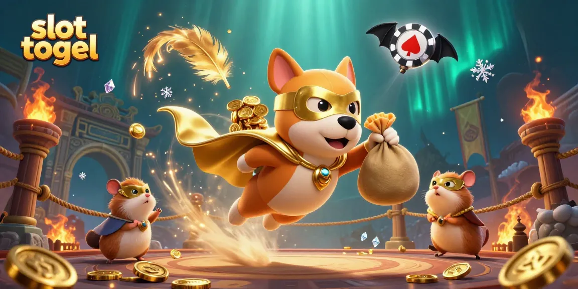 Experience the thrill of slot togel with a superhero dog and sidekick in a festive casino scene filled with gold coins and excitement.