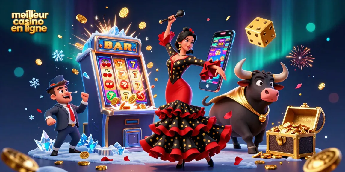 Vivez une action exaltante dans une scène vibrante mettant en vedette le meilleur casino en ligne, avec des machines à sous et des éléments festifs.
