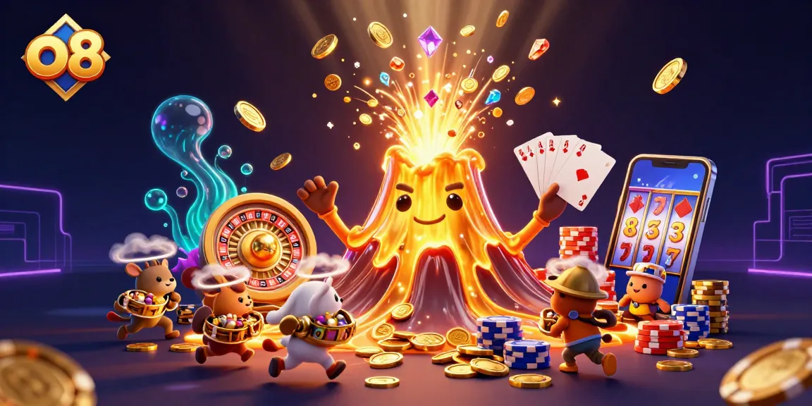 Experience thrilling slots action at o8 with vibrant treasure-filled scenes, erupting volcanoes, and spinning games.