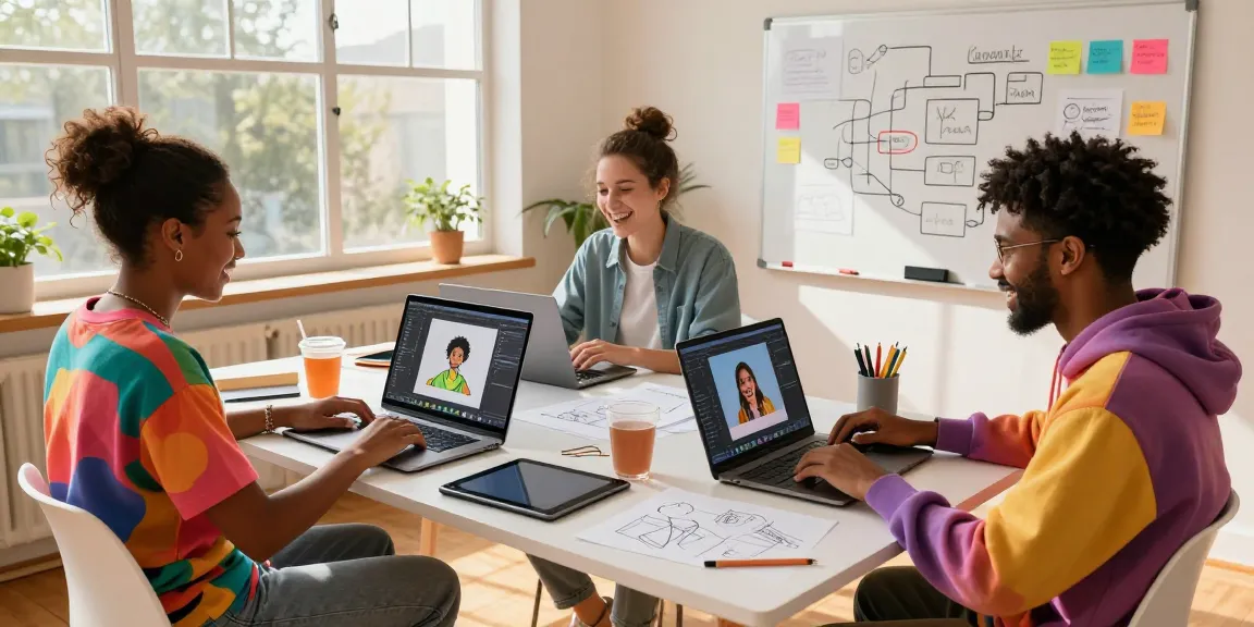 Artists collaborating using nano banana 2 for creative digital editing in a vibrant workspace.