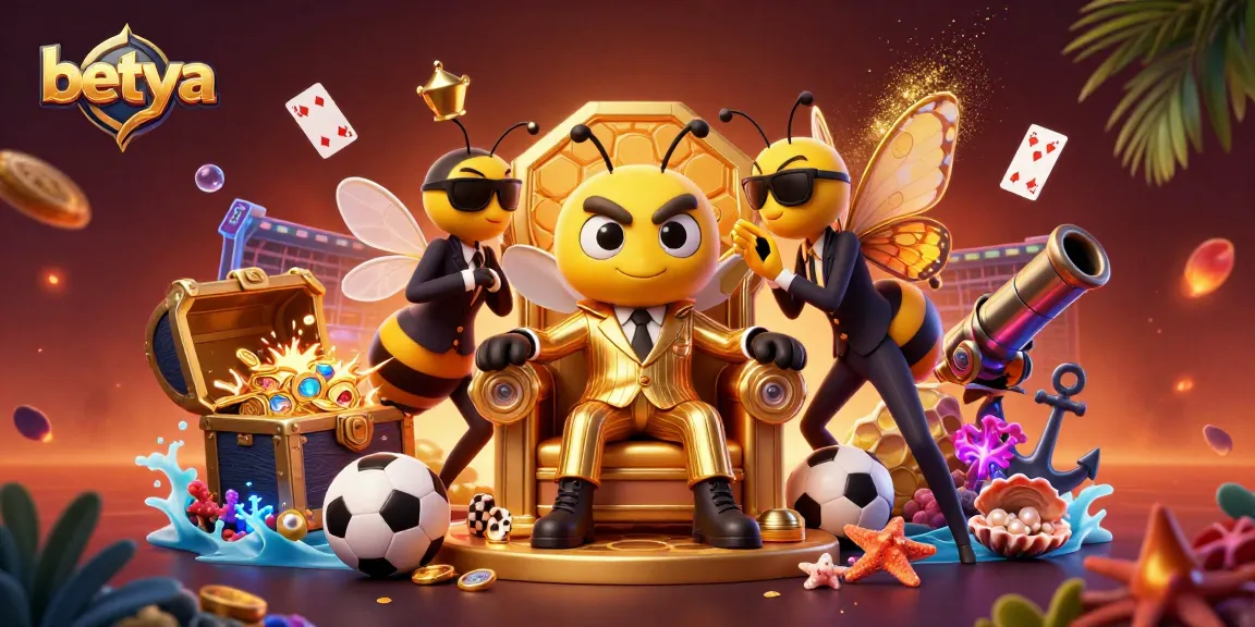 Betya sports betting scene with a cartoon bumblebee mob boss, trophy, and betting slips.