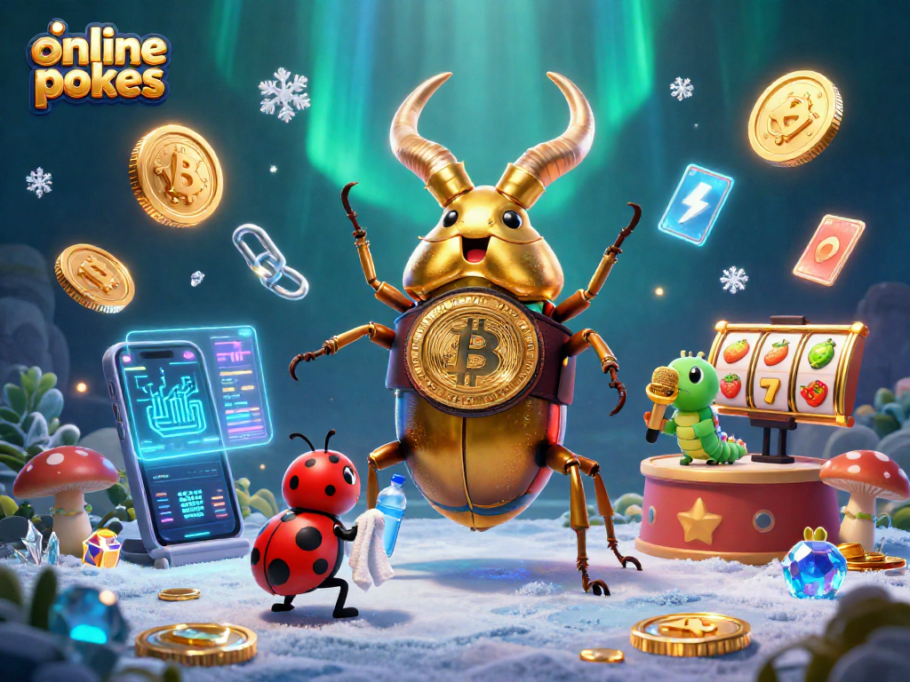 Experience thrilling online pokies gameplay with a giant golden beetle boxing champion amidst crypto elements.