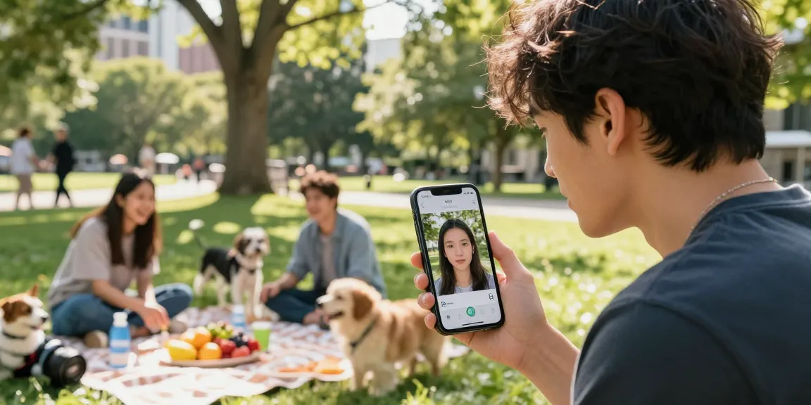 Person using an app to find out how old do I look in a sunny park setting.