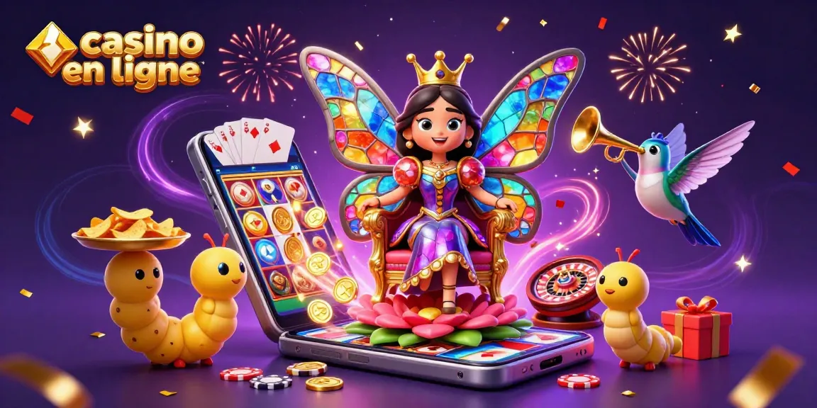 Casino en ligne avec une reine papillon et des éléments de jeu festifs.