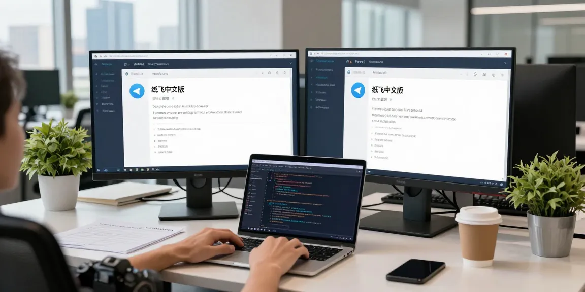 Developer coding on dual monitors showcasing the 纸飞机中文版 interface in a bright tech workspace.