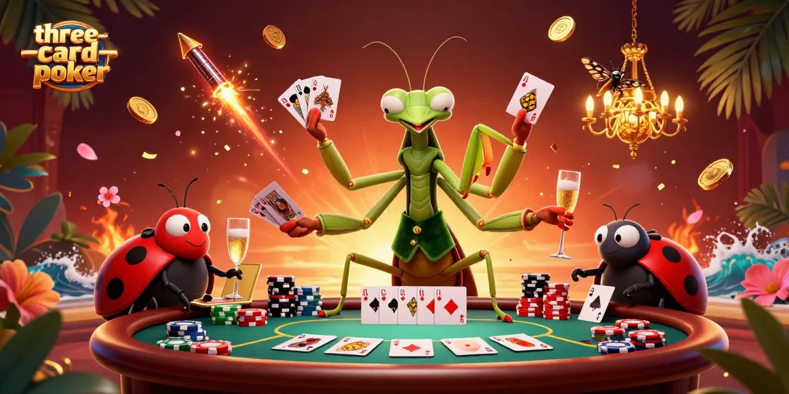 Experience thrill and strategy in three-card-poker with cartoon characters amidst vibrant casino elements.