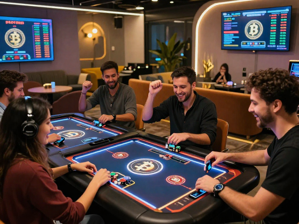 Exciting crypto casino scene with players celebrating wins at high-tech gaming tables.