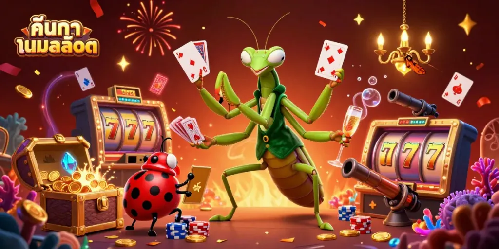 Engage with slot reels and dynamic gameplay as you search for เกมสล็อต, featuring vibrant characters in a celebratory casino scene.
