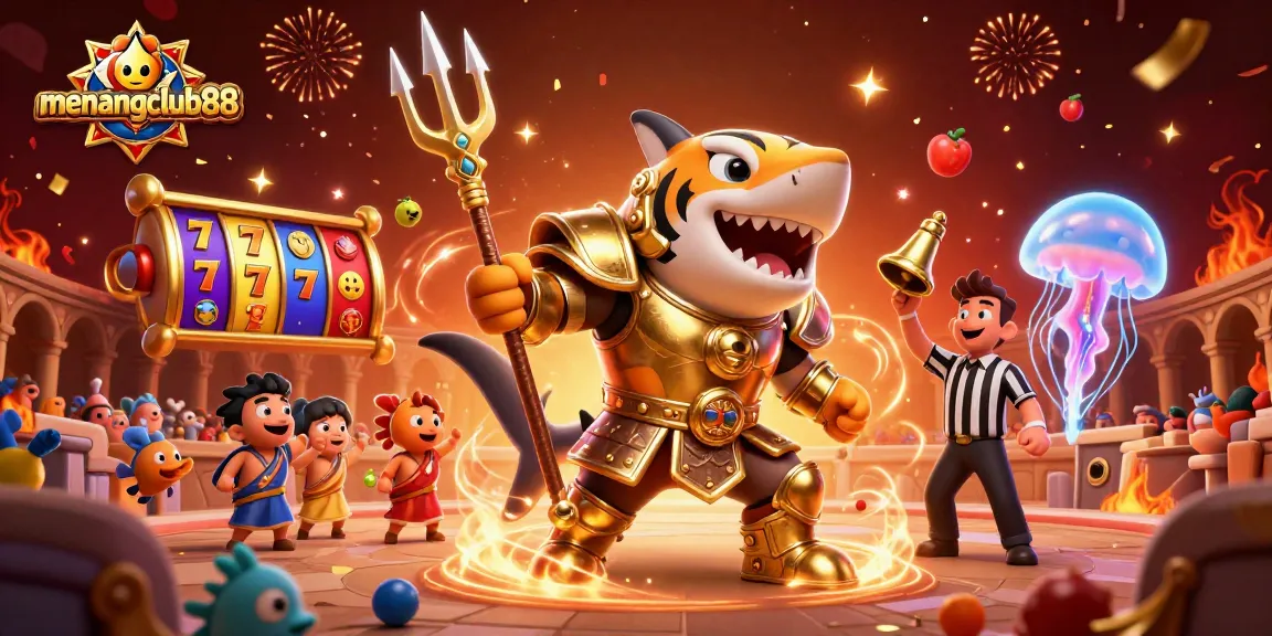 Experience menangclub88 excitement with a dynamic casino scene featuring a golden shark and slot reels.
