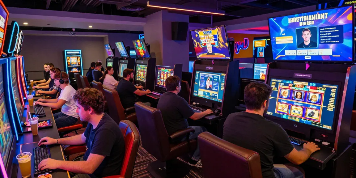 Engaged players exploring link alternatif raja328 in a vibrant online gaming lounge with colorful screens and lively atmosphere.