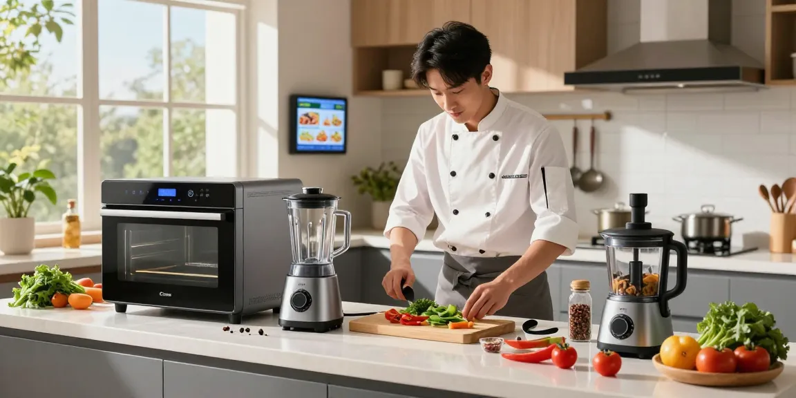 Chef using AI cooking gadgets in a bright kitchen with vibrant ingredients and smart equipment.