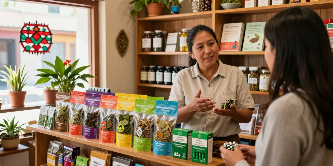 Buy coca leaves online displayed in an inviting herbal shop scene with vibrant packages and knowledgeable staff.