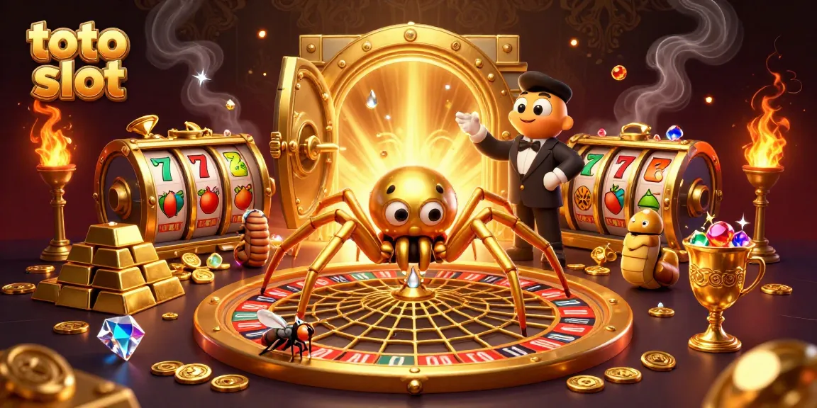 Engage in toto slot excitement with cartoon characters amid a vibrant casino treasure scene.