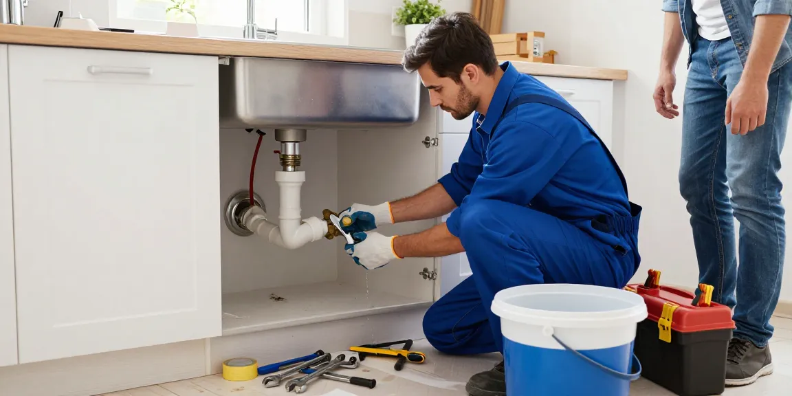 Fast plumbing help in Rushden with a plumber fixing a burst pipe under a sink, tools scattered around.