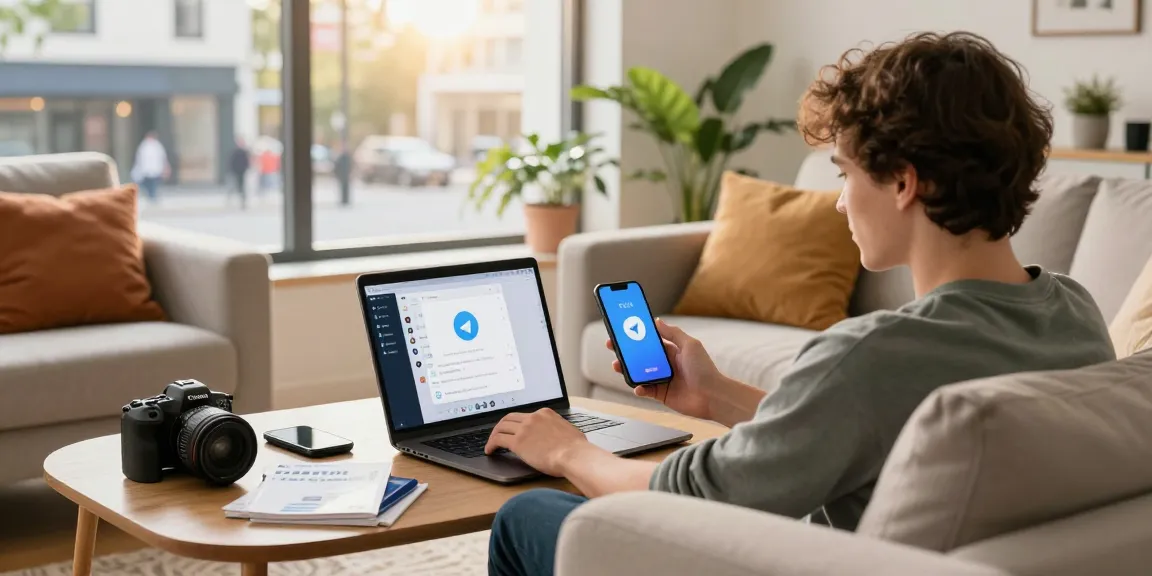 Explore the Telegram China usage guide 2026 with a modern living room scene showing a user on a laptop and smartphone.