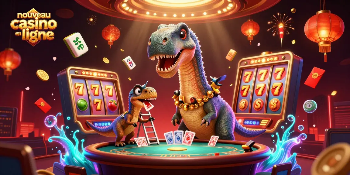 Visuel captivant d'un nouveau casino en ligne, brontosaurus et raptor aux tables de jeu.