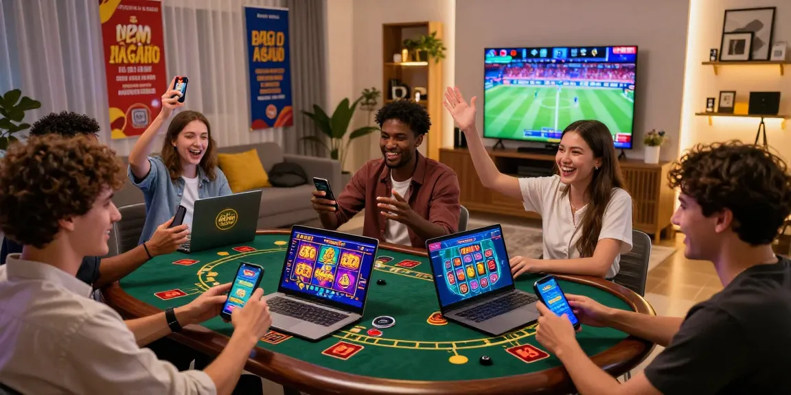 Exciting gaming scene at 鉅城娛樂城 with friends celebrating wins on smartphones and laptops in a cozy living room.