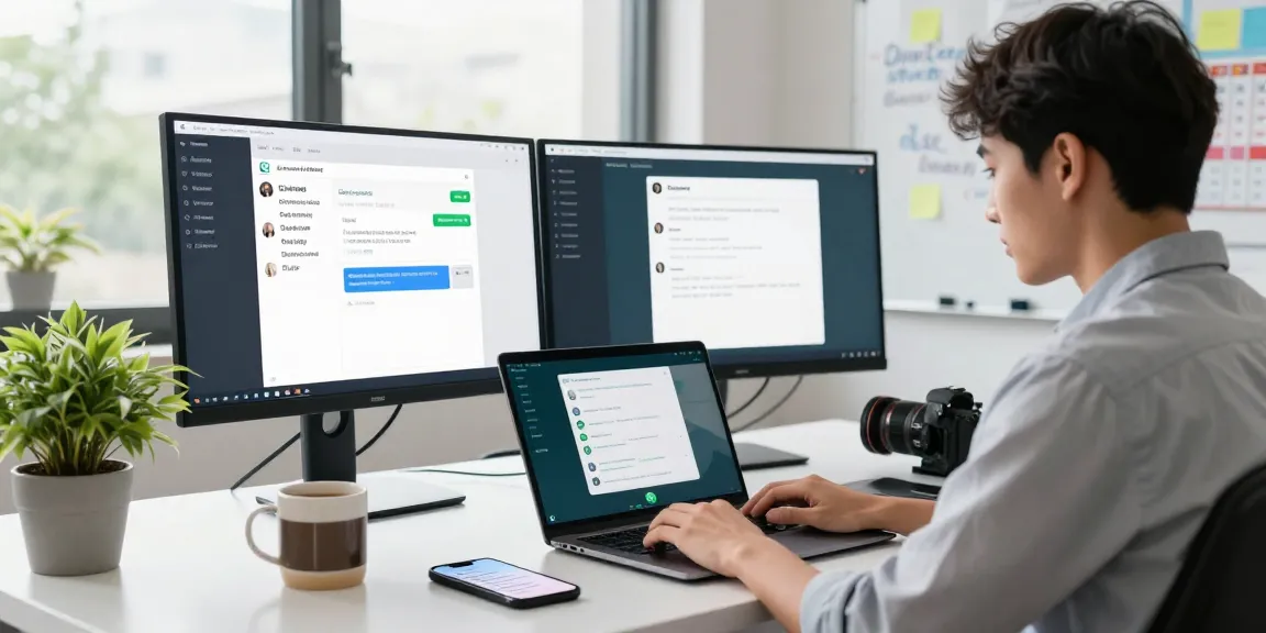 Engaging professional workspace with WhatsApp網頁版 displayed on a laptop in a bright office setting, showcasing productivity and digital communication.