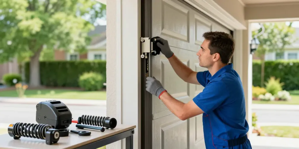 Expert technician performing garage door opener repair with tools and spring parts visible.