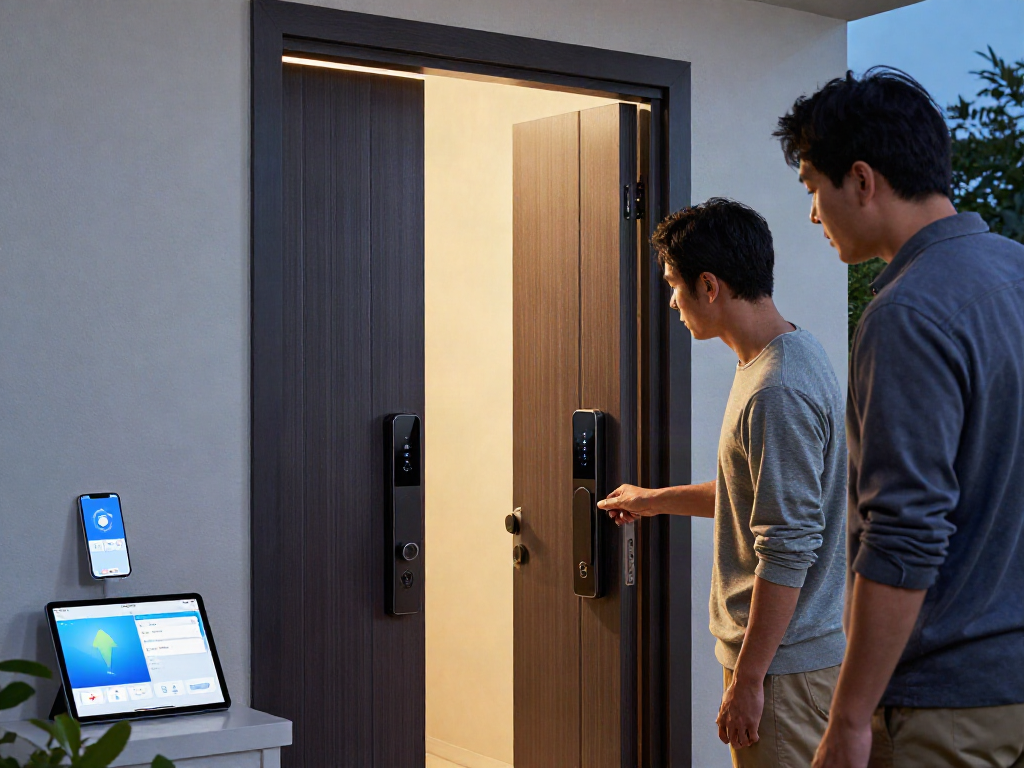 Smart lock قفل هوشمند installation process at home with technician and owner.