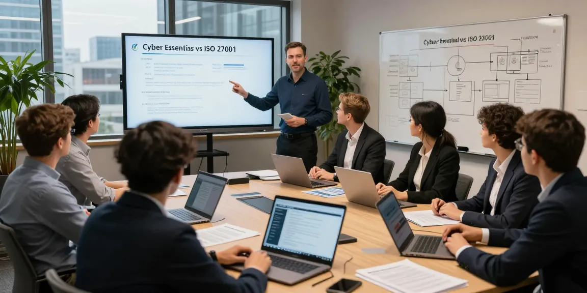 Cyber Essentials vs ISO 27001 workshop scene with experts discussing cybersecurity strategies.