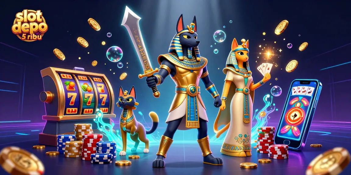 Engage with slot depo 5 ribu through this vibrant 3D illustration showcasing dynamic slot reels and sparkling casino elements.