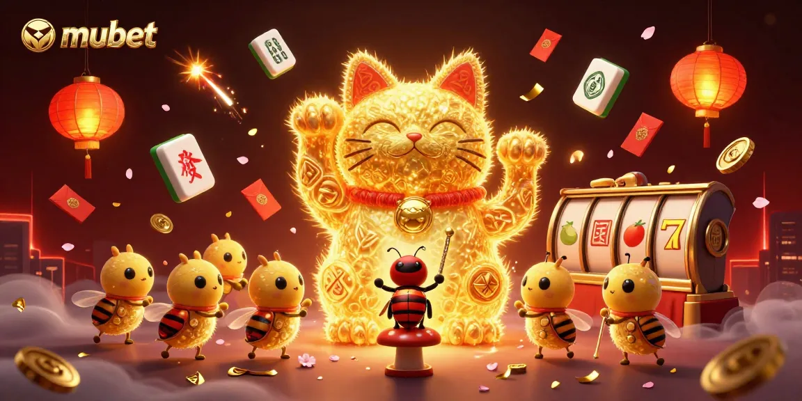 Experience the excitement of mubet with thrilling casino visuals and a glowing lucky cat.